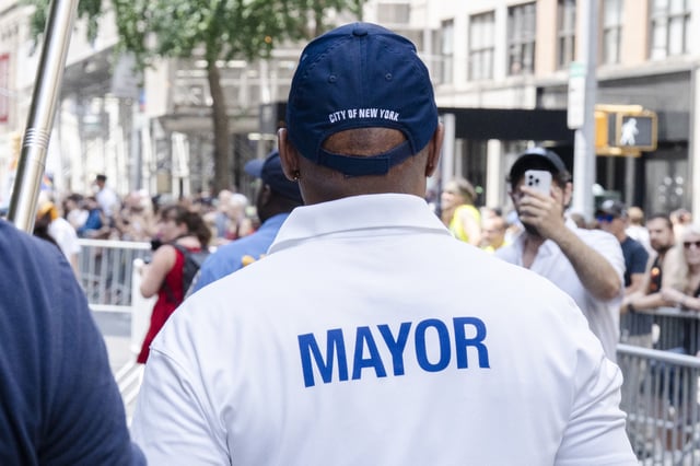 New York City Mayor Eric Adams can be seen taking part in the 2025 NYC Pride March on June 29, 2025, in New York City. (Photo by Craig T Fruchtman/Getty Images)