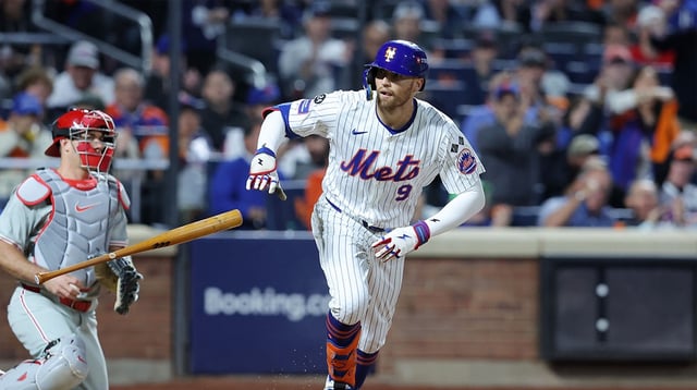 Oct 8, 2024; New York City, New York, USA; New York Mets outfielder Brandon Nimmo (9) walks in the sixth inning against the Philadelphia Phillies during game three of the NLDS for the 2024 MLB Playoffs at Citi Field. Mandatory Credit: Brad Penner-Imagn Images