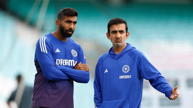 India head coach Gautam Gambhir speaks to Jasprit Bumrah during practice