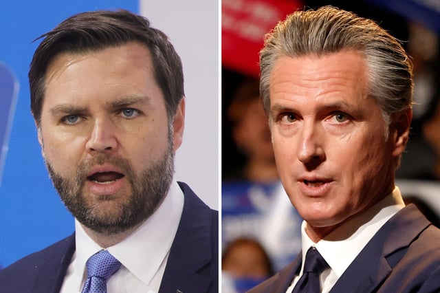 Vice President JD Vance speaks during the 61st Munich Security Conference on February 14, 2025 in Munich, Germany (left) and California Governor Gavin Newsom speaking about the “Election Rigging Response Act” at a press conference at the Democracy Center, Japanese American National Museum on August 14, 2025 in Los Angeles, California (right).