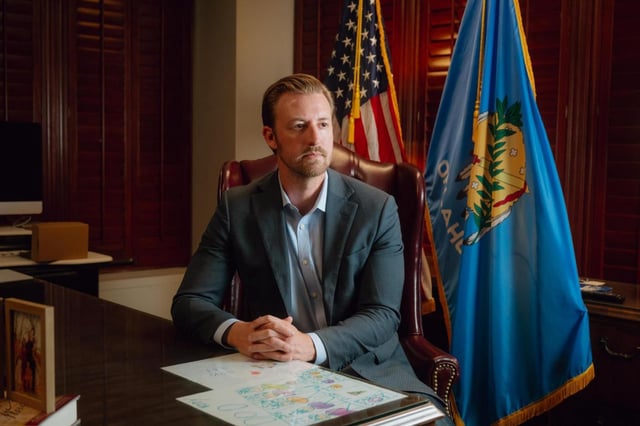 FILE — Ryan Walters, the Oklahoma Superintendent of Public Instruction, at his office in Oklahoma City, March 26, 2025. Oklahoma will require teachers coming from New York and California to pass a test to combat what it calls “woke indoctrination” before being hired, according to Walters. (Desiree Rios/The New York Times)