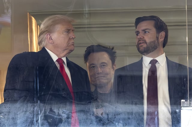 Donald Trump, Elon Musk and JD Vance attend the 125th Army-Navy football game at Northwest Stadium on December 14, 2024 in Landover, Maryland.