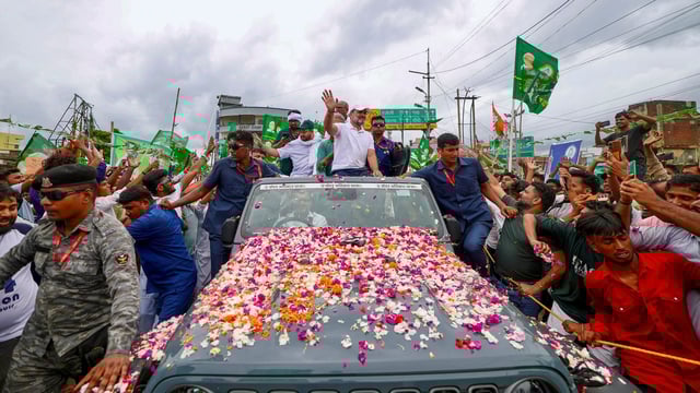 Leader of Opposition in the Lok Sabha and Congress MP Rahul Gandhi, state unit president Rajesh Kumar, RJD leader Tejashwi Yadav during the 'Voter Adhikar Yatra' in Nawada on August 19.