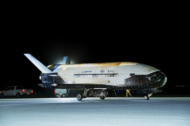The Boeing-built X-37B spaceplane lands at Vandenberg Space Force Base to complete its seventh mission on March 7, 2025. A second version of the X-37B is slated to launch for its eight mission from Kennedy Space Center on Thursday night. (Courtesy/U.S. Space Force)