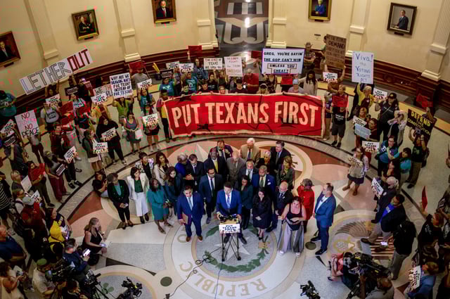 Democratic Texas Representative Gene Wu speaks during a press conference after the passing of H.B. 4, during a session in which Democratic lawmakers, who had left the state to prevent Republicans from redrawing Texas's 38 congressional districts, returned to the Texas State Capitol in Austin, Texas, U.S., August 20, 2025. REUTERS/Sergio Flores