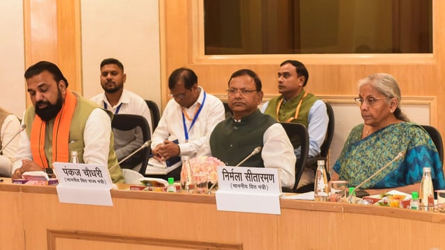 (From right) Union finance minister Nirmala Sitharaman and MoS Pankaj Chaudhary at a meeting of the Group of Ministers (GoM) in New Delhi. Bihar FM Samrat Choudhary is the convener of the GoM.