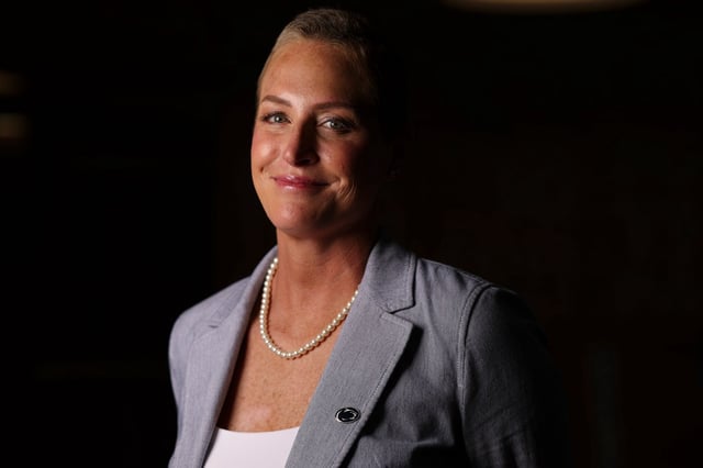 Penn State volleyball coach Katie Schumacher-Cawley poses during Big Ten volleyball media days at Big Ten Network studios July 28, 2025, in River North. (Eileen T. Meslar/Chicago Tribune)