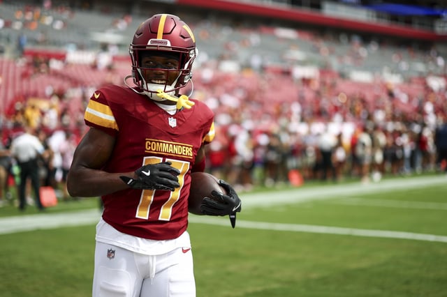 Terry McLaurin #17 of the Washington Commanders smiles prior to an NFL football game against the Tampa Bay Buccaneers at Raymond James Stadium on September 8, 2024 in Tampa, Florida.
