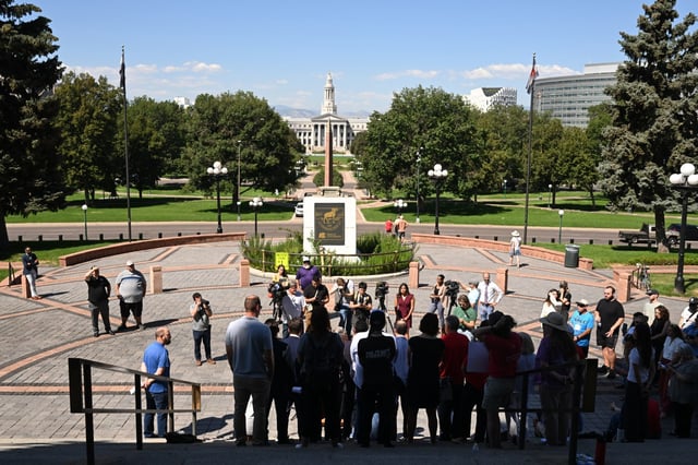 Colorado lawmakers and supporters gather for a news conference on the west steps of the state Capitol in Denver on Aug. 20, 2025. The group was supporting a bill on artificial intelligence regulations that aims to retain consumer protections ahead of the Colorado legislature's upcoming special session. (Photo by RJ Sangosti/The Denver Post)