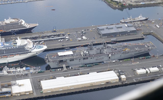 In this aerial photo taken Aug. 2, 2014, the U.S. Navy USS Essex is shown docked near downtown Seattle during the annual Seafair summer festival.