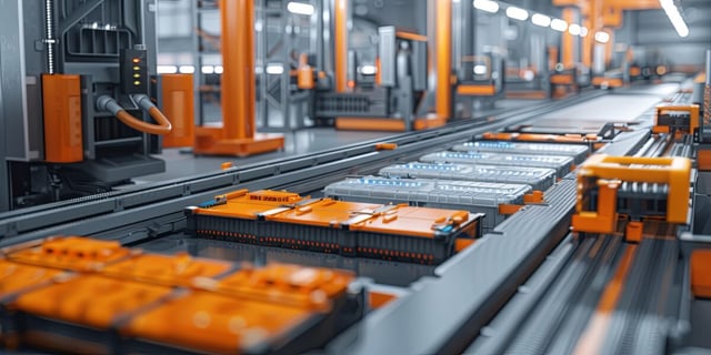 Close-up view of an assembly line for electric vehicle battery cells in a modern factory, showcasing detailed machinery.