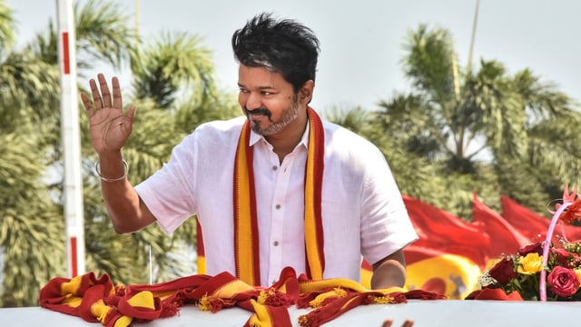 Tamilaga Vettri Kazhagam (TVK) chief and actor Vijay during an event in Mamallapuram, Tamil Nadu.