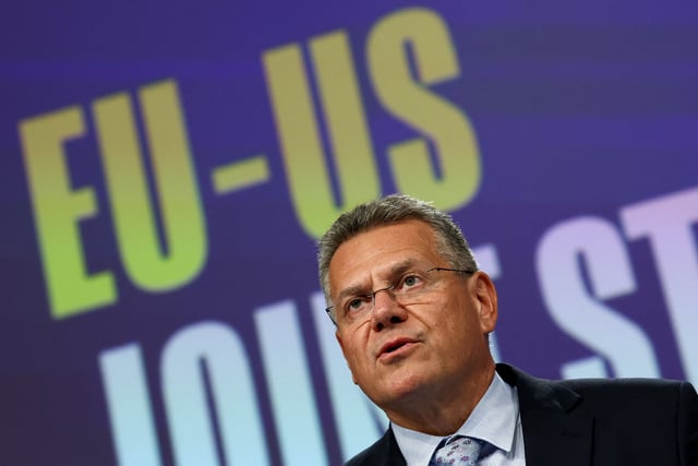 European Commissioner for Trade Maros Sefcovic addresses the media on the EU-US trade deal, in Brussels, Belgium, August 21, 2025. REUTERS/Yves Herman