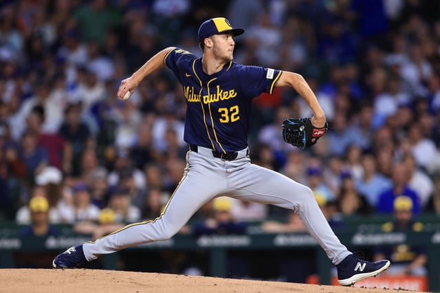 CHICAGO, ILLINOIS - AUGUST 20: Jacob Misiorowski #32 of the Milwaukee Brewers pitches during the first inning against the Chicago Cubs at Wrigley Field on August 20, 2025 in Chicago, Illinois.