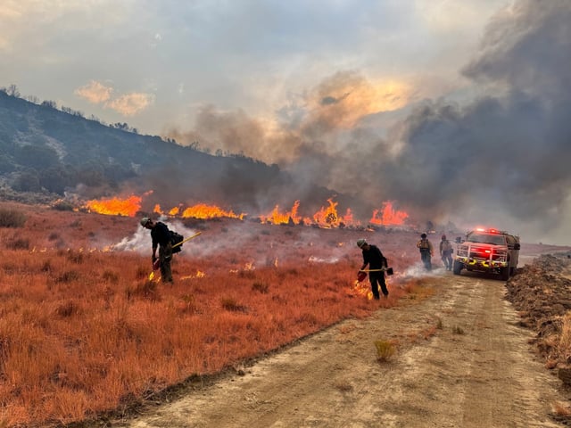 A West Metro Fire Rescue brush crew works with the Wyoming Hotshots to fight the 45,000-acre Lee fire burning near Meeker in Rio Blanco County. (Photo courtesy of West Metro Fire Rescue)
