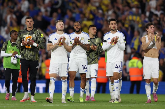 Soccer Football - Premier League - Leeds United v Everton - Elland Road, Leeds, Britain - August 18, 2025 Leeds United's Gabriel Gudmundsson, Lukas Nmecha and Ilia Gruev celebrate after the match REUTERS/Scott Heppell/File Photo