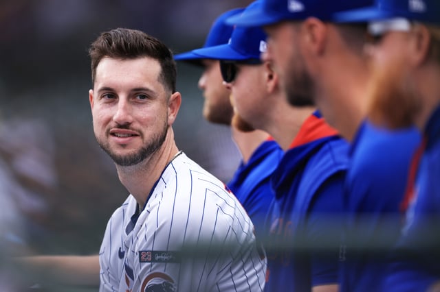 CHICAGO, ILLINOIS - AUGUST 19: Kyle Tucker #30 of the Chicago Cubs looks on from the bench during the eighth inning against the Milwaukee Brewers during game one of a double header at Wrigley Field on August 19, 2025 in Chicago, Illinois. (Photo by Geoff Stellfox/Getty Images)