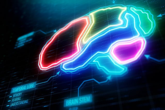 Abstract glowing colorful digital brain background. AI and technology concept. 3D Rendering