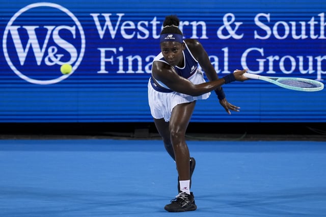 Aug 15, 2025; Cincinnati, OH, USA;  Coco Gauff (USA) returns a shot against Jasmine Paolini (ITA) during the Cincinnati Open at the Lindner Family Tennis Center. Mandatory Credit: Aaron Doster-Imagn Images/File Photo
