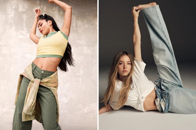 A model poses for a 2025 GAP campaign; and Sydney Sweeney in a 2025 American Eagle campaign.