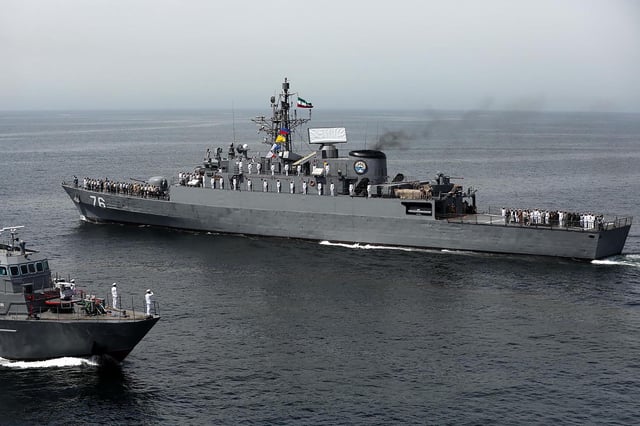 This handout photo made available by the Iranian Army Office on March 12, 2025 shows navy vessels taking part in a joint Iranian-Russian-Chinese military drill in the Gulf of Oman. The navies of Iran, Russia and China are holding military drills off the coast of Iran this week in a bid to boost cooperation, according to Iranian media.