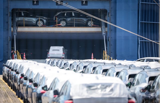 Cars loaded onto a carrier ship in Germany for export. The lower tariffs on US imports from the EU won't go into effect as early as previously believed, the two trading partners revealed Thursday.