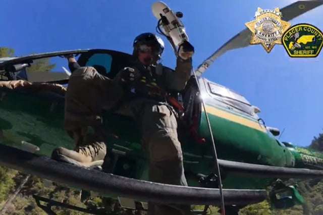 Screenshot from a video published by the Placer County Sheriff's Office showing the rescue of the hiker who was recovered on Wednesday morning.