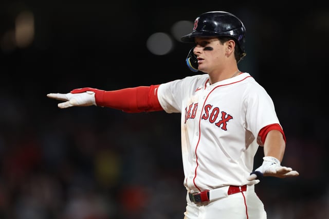 BOSTON, MASSACHUSETTS - AUGUST 19: Roman Anthony #19 of the Boston Red Sox celebrates during the eighth inning against the Baltimore Orioles at Fenway Park on August 19, 2025 in Boston, Massachusetts