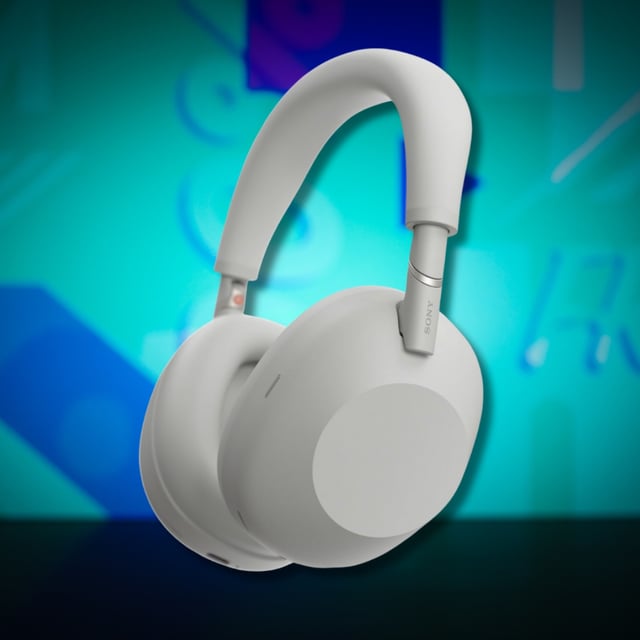 A pair of Sony headphones against a blue background