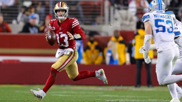 Dec 30, 2024; Santa Clara, California, USA; San Francisco 49ers quarterback Brock Purdy (13) during the game against the Detroit Lions at Levi's Stadium. Mandatory Credit: Sergio Estrada-Imagn Images