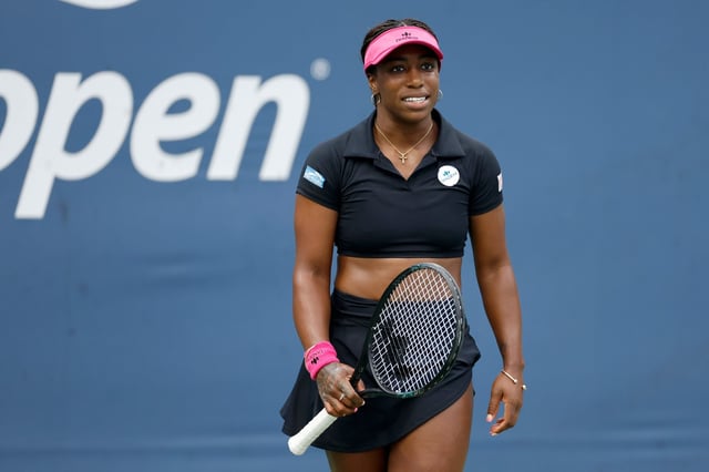NEW YORK, NEW YORK - AUGUST 29:  Sachia Vickery of the United States reacts against Donna Vekic of Croatia during their Women's Singles First Round match on Day Two of the 2023 US Open at the USTA Billie Jean King National Tennis Center on August 29, 2023 in the Flushing neighborhood of the Queens borough of New York City. (Photo by Sarah Stier/Getty Images)