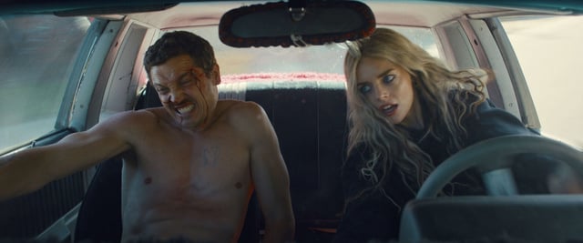Karl Glusman, left, and Samara Weaving give magnetic lead performances in the car-chase heist movie “Eenie Meanie.” 