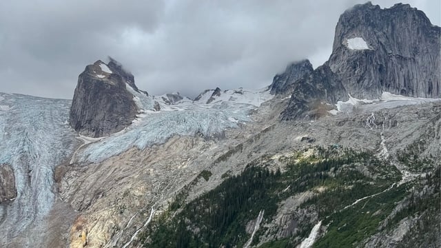 An aerial view of the Kain Hut basin, Bugaboos, where a flash flood wiped out a section of the trail-1