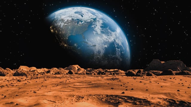An illustration of Earth as viewed from the surface of Mars