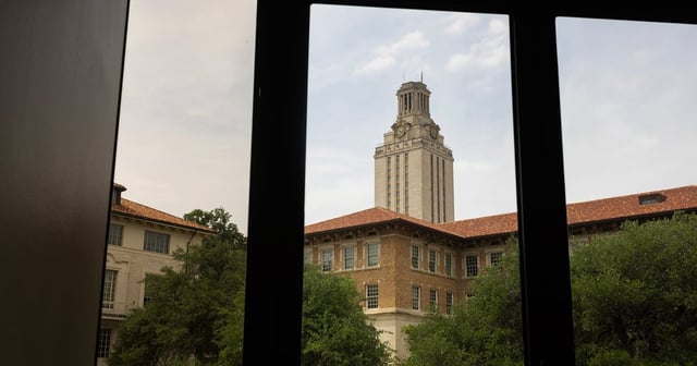 A view of the UT Tower from the business building on the UT Austin campus during finals week on April 28, 2025.