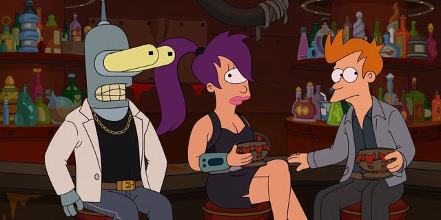 Bender with his eyes zoomed in at a bar with Leela and Fry in Futurama