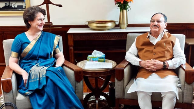 Congress MP Priyanka Gandhi meets Union Minister JP Nadda, in New Delhi on Thursday. 