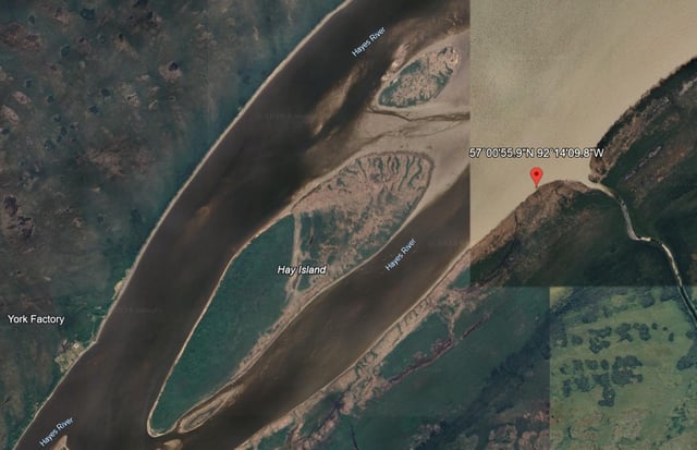 A map shows the last known GPS coordinates of Norwegian trekker Steffen Skjottelvik, logged on Aug. 14 along the east shore of the Hayes River about 4.5 kilometres from York Factory, Man. RCMP say search efforts are now focused on the water north and northwest of the site.