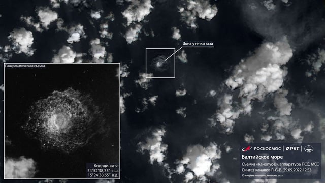 A satellite image shows gas from the Nord Stream pipeline bubbling up in the water following incidents in the Baltic Sea, in this handout picture released September 29, 2022.