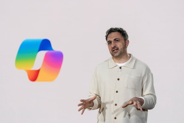 Mustafa Suleyman, chief executive officer of of Microsoft AI, speaks during an event commemorating the 50th anniversary of the company at Microsoft headquarters in Redmond, Washington, US, on Friday, April 4, 2025. Microsoft Corp., determined to hold its ground in artificial intelligence, will soon let consumers tailor the Copilot digital assistant to their own needs. Photographer: David Ryder/Bloomberg via Getty Images