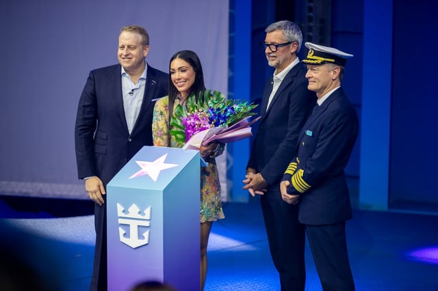 Royal Caribbean Group president and CEO Jason Liberty, left, stands with Star of the Seas godmother Kellie Gerardi, Royal Caribbean International president and CEO Michael Bayley and Capt. Rob Hempstead during the naming ceremony for Royal Caribbean’s Star of the Seas on Aug. 20. (Patrick Connolly/Orlando Sentinel)