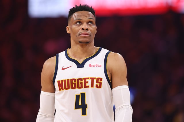 OKLAHOMA CITY, OKLAHOMA - MAY 05: Russell Westbrook #4 of the Denver Nuggets looks on during the first half of Round Two Game One of the 2025 NBA Playoffs against the Oklahoma City Thunder at Paycom Center on May 05, 2025 in Oklahoma City, Oklahoma.