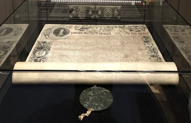 The 1670 royal charter signed by King Charles II establishing Hudson's Bay, is shown on display at the Manitoba Museum where it was loaned to be displayed alongside its permanent collection of Hudson's Bay artifacts, in this 2020 handout photo. THE CANADIAN PRESS/Handout -  Manitoba Museum  (Mandatory Credit)