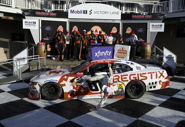 Aug 9, 2025; Watkins Glen, New York, USA; NASCAR Xfinity Series driver Connor Zilisch falls from his race car while celebrating in victory lane after winning the Mission 200 at The Glen at Watkins Glen International. Mandatory Credit: Matthew O'Haren-Imagn Images/ File Photo