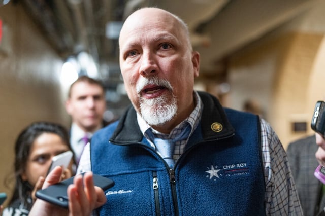 Texas Republican Rep. Chip Roy talks with reporters after a meeting of the House Republican Conference in the U.S. Capitol on Feb. 25.
