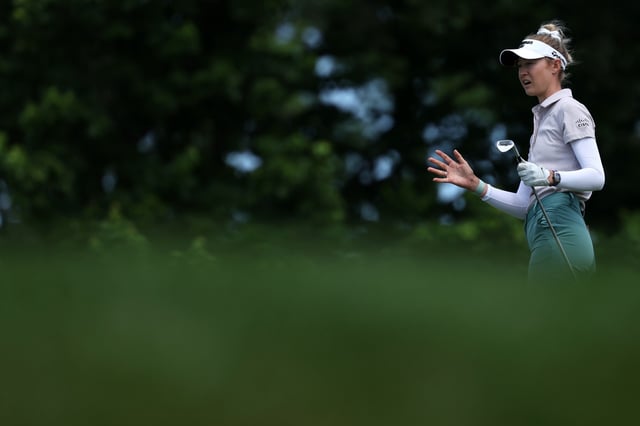 Nelly Korda of the United States reacts on the second hole during the first round of the U.S. Women's Open Presented by Ally at Lancaster Country Club on May 30, 2024 in Lancaster, Pennsylvania.