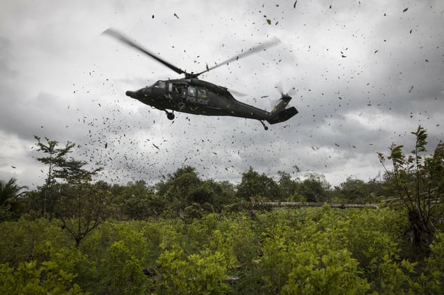 Ein Polizeihubschrauber landet auf einer Kokaplantage während einer Vernichtungsaktion in Tumaco, im Südwesten Kolumbiens.