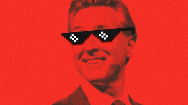 Illustration of a pixellated Gavin Newsom wearing meme-style sunglasses