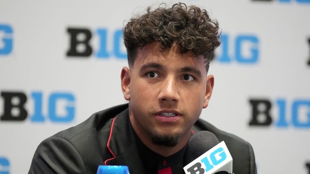 Jul 22, 2025; Las Vegas, NV, USA; Nebraska quarterback Dylan Raiola speaks to the media during the Big Ten NCAA college football media days at Mandalay Bay Resort. Mandatory Credit: Lucas Peltier-Imagn Images