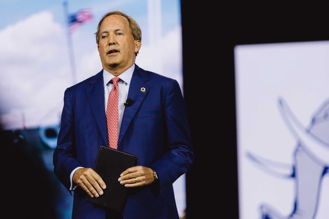 Texas Attorney General Ken Paxton speaks during the Texas Republican Party Convention in San Antonio on May 23, 2024. Paxton's office has appealed a federal court's ruling that blocks enforcement of a new state law that requires the Ten Commandments to be displayed in Texas public schools. 